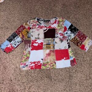 Multi-coloured quilt like boho patchwork v necked top